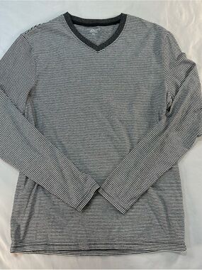 Structure Gray and White Striped V-Neck Long Sleeve Top